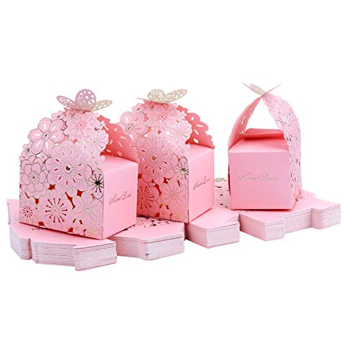 TsunNee - Boîtes à bonbons créatives en papier creux avec motif à fleurs et papillon, boîtes à dragées pour mariage, les fêtes, , rose, 9x6x6cm