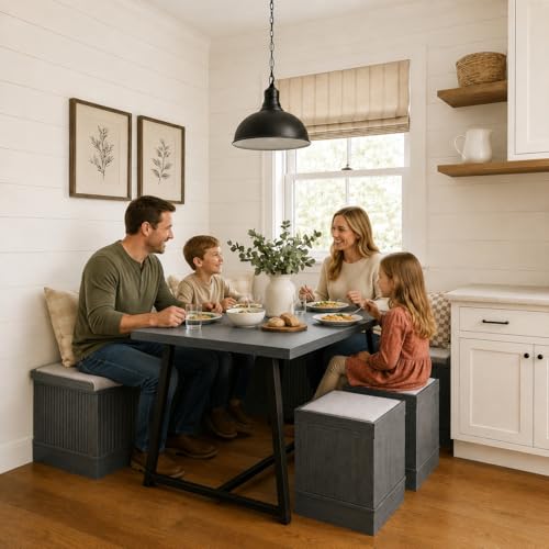 Yechen Corner Dining Table Set with Storage, 43" Breakfast Nook Table Set, Corner Booth Dining Table for Kitchen, Banquette Bench with Hidden Storage & 2 Ottomans, Seats 4-6, Brown Wood
