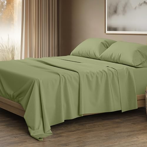 Image of THREAD SPREAD 100% Egyptian Cotton Sheets California King Size - 1500 Series Cal King Sheets Egyptian Cotton (4 PC, Sage Green), Silky Soft, Sateen Weave, Cooling & Breathable, 17 inch Deep Pocket Bed Set