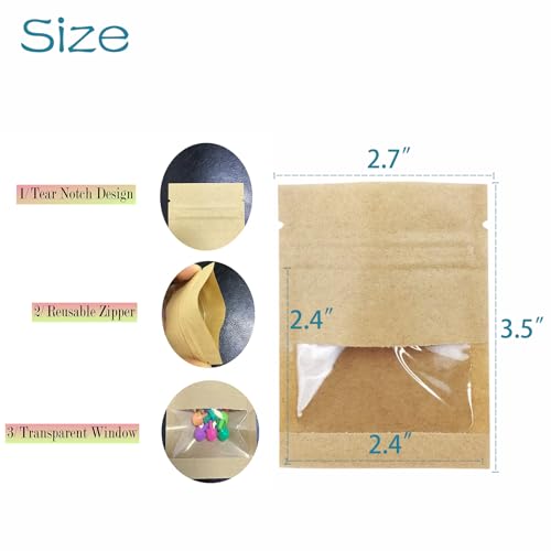 100 PackClear Window Airtight Brown Kraft Paper for Zip Food Storage Lock Small Mini Papar Bags Reclosable Seal Zipper Pouch Coffee Packaging Sample Bags for Small Business 2.75x3.5