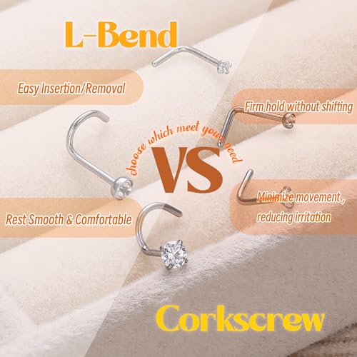 UBGICIG 20G Nose Rings for Women – 316 Surgical Steel L Shaped Nose Studs Cork Screw Nostril Piercing Jewelry 1.5/2/3mm CZ3