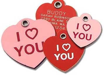 LuckyPet Pet ID Tag - Valentine - Custom Engraved Heart Shaped ID Tags for Dogs and Cats - Size Medium, Color Pink Tag with Red I Heart You