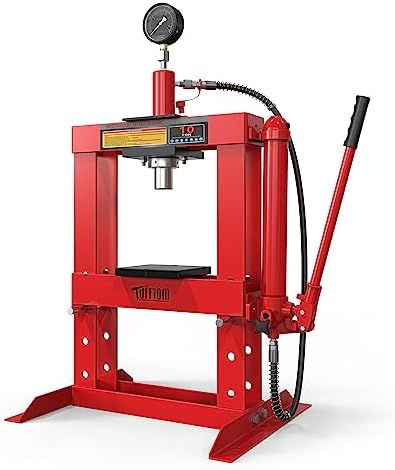 TUFFIOM 10-Ton Hydraulic Shop Press with Pressure Gauge & Press Plates, H-Frame Garage Shop Benchtop Press, Adjustable Working Table Height, Red