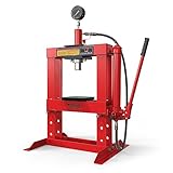 TUFFIOM 10-Ton Hydraulic Shop Press with Pressure Gauge & Press Plates, H-Frame Adjustable Working Table Height Garage Benchtop Press, Red, 23.5”L x 19.5”W x 40”H