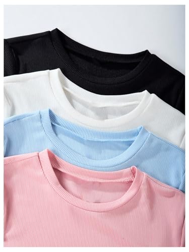 Image of SweatyRocks Girl's 4 Pack Lettuce Trim T Shirt Ribbed Knit Short Sleeve Crew Neck Solid Tee Tops