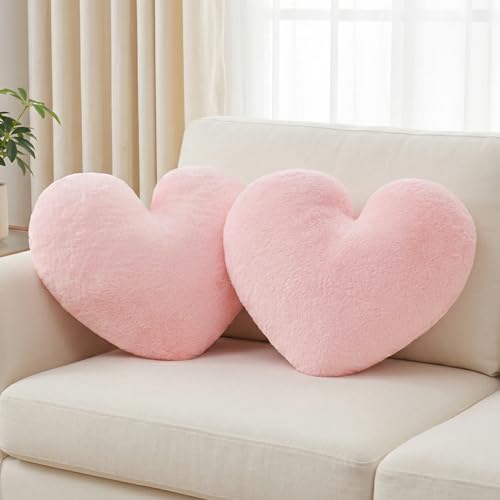 2 Pcs Pink Heart Pillow Decorative Throw Pillows 16-inch Cute Soft Fluffy Heart Shaped Pillows for Women Valentine Anniversary Bed Couch Bedroom Living Room Decor Aesthetic (Light Pink, 16"x13.78")