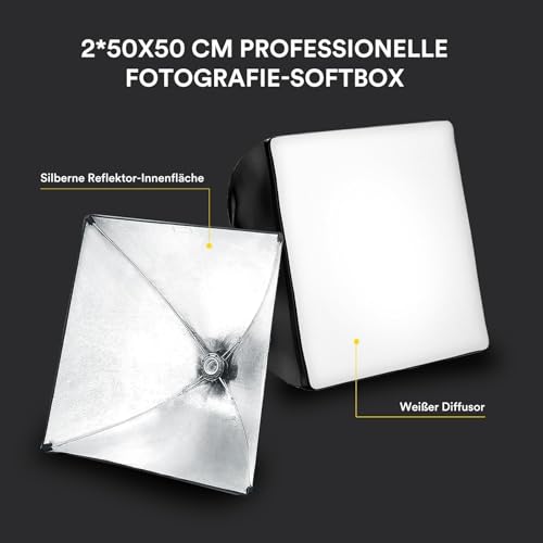 RALENO Softboxen, 2 x 50 W LED Softbox Fotostudio Set, 2 x 50 x 50 cm Fotolicht mit 5500 K Glühbirne und Stativ für Porträtfotografie, Game-Streaming, YouTube-Videofotografie