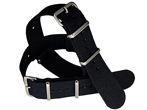 NATO G10 BLACK Premium Ballistic Nylon Military Watchband 16mm 18mm 20mm 22mm 24mm Stainless Steel High Polished Buckles USA Stock (Satin Brushed Hardware, 19mm)