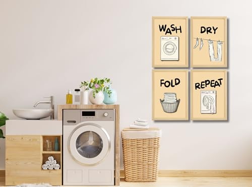 Image of Mira Mest Framed Bathroom Wall Decor | Funny Quotes & Cute Animal Art Prints | Quirky Toilet Signs & Guest Bath Decorations | Minimalist Black & White Washroom Signs | Ready to Hang Toilet Humor for Home & Powder Room (Laundary Set 4 Wooden)