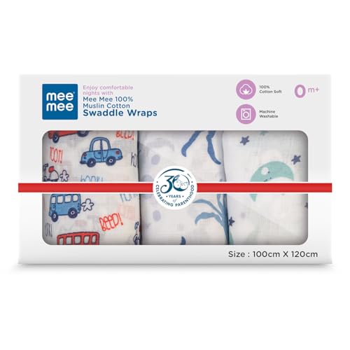 Image of Mee Mee 100% Cotton Muslin Swaddle Wrap for Newborn Baby (120 x 100 cm) (PK-3) | Ultra Soft, Breathable, Lightweight & Quick-Dry | Hypoallergenic Multi-Use Baby Blanket, Nursing Cover, Stroller Cover