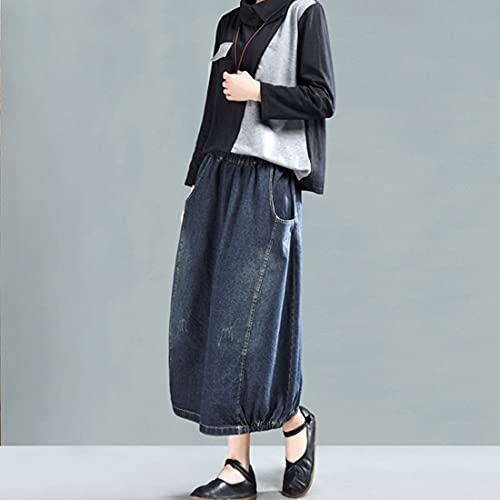 ebossy Women's High Waisted Distressed Ripped Embroidered Pattern Long Denim Maxi Skirt with Pockets4