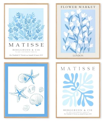 dzxnouart 4 cartazes estéticos azuis para parede, quadros boémios neutros para quarto e quarto, sem moldura (20 x 25 cm)