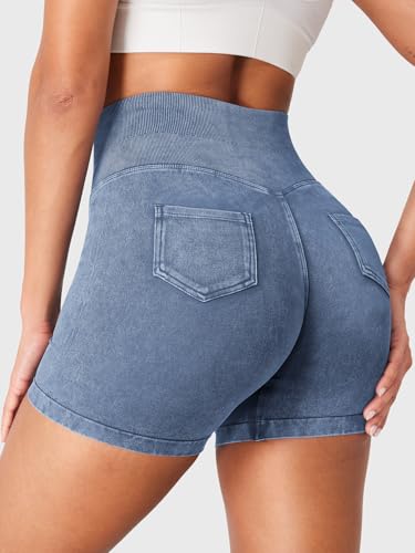 YEOREO Impact Biker Shorts for Women with Pockets Bridgie Cargo High Waist Seamless Faux Denim Workout Gym Shorts2