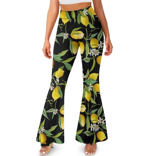 Xoenoiee Pantalon de yoga évasé pour femme - Coupe bootcut - Taille haute - Ourlet fendu - Bas cloche, Citron et fleurs blanches, XXL