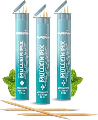 Image of PUREPIX Mullein Pix Flavored Toothpicks, Menthol Infused with Mullein Leaf, Extra Thick Natural Alternative to Hand-to-Mouth Habit, 3 Pack, Plant-Based Sticks, Nicotine Free, Kosher Vegan