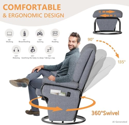 Image of JIASTING 360 Swivel Recliner Chair with Ottoman & Double Side Pockets, Nursing Glider Rocking Recliner Chair, Gliding Chairs for Nursery, Living Room, Bedroom, Office (Gray)
