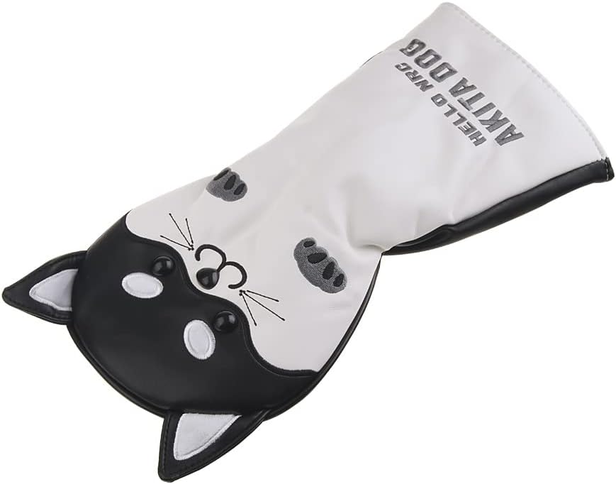 Akita Dog Driver Head Cover - Cartoon Pattern Golf Headcover, Elastic Closure Black PU Leather with Plush Lining for Golf Course & Travel Protection