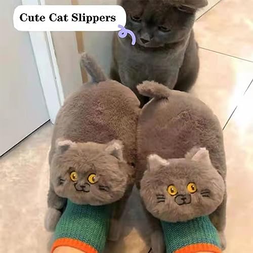 Jfxgjuv Cat Slippers for Men & Women, Plush, Novelty, Kawaii, Fuzzy, Warm, House Shoes, Winter, Indoor & Outdoor, Gray, One Size Fits US 5.5-104