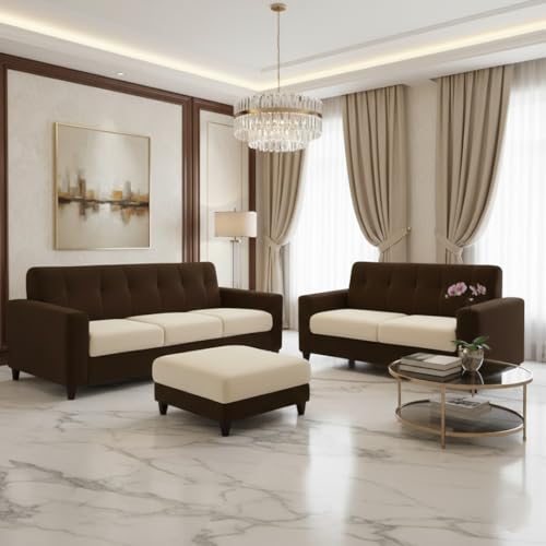 Image of Homeboy Luxe Velvet-Suede Fabric 3 + 2 Seater with Ottoman Dual Tone Sofa Set | Comfortable & Spacious Seating for Upto 6 Person | Modern Sofa Set for Living Room - Dark Brown & Cream