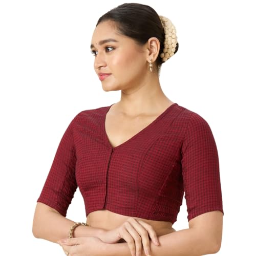Image of Studio Shringaar Women Cotton Half Sleeve Madras Checks Saree Blouse with Stretchable Sides