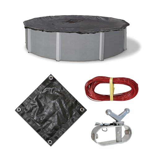 Blue Wave Rugged Mesh 8-Year 16 ft x 32 ft Oval Above Ground Pool Cover for Winter – Fine Mesh Debris Barrier – 4 ft Overlap, Reinforced Grommets, Vinyl-Coated Cable, Metal Winch – Black - BWC632