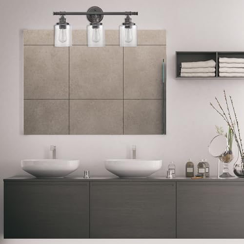 Image of Globe Electric 51415 Camden 5-Piece All-in-One Bathroom Set, 3 Vanity Light with Seeded Glass Shades, Bar, Towel Ring, Robe Hook, Toilet Paper Holder, Bronze