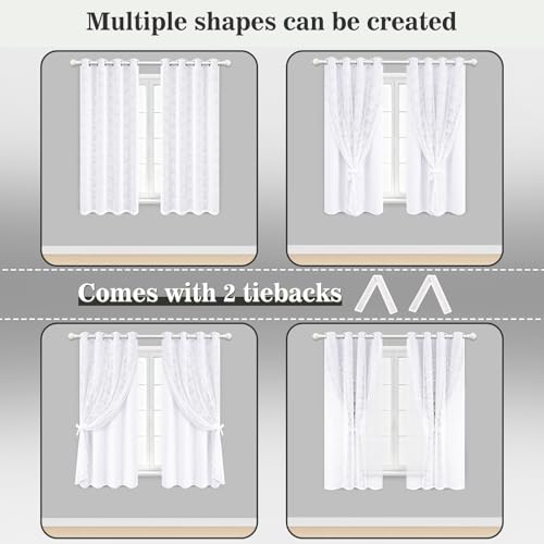 Image of Yinhua Double Layer White Curtains for Living Room Blackout Curtains for Bedroom 63 Inch Length 2 Panels Set Kid Curtain with Tiebacks, Grommet Drapes with Floral Sheer Overlay, 52 inch W x 63 inch L