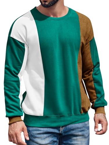 Image of Runcati Mens Color Block Sweatshirt Pullover Crewneck Long Sleeve Fleece Casual Ribbed Patchwork Fall Tops