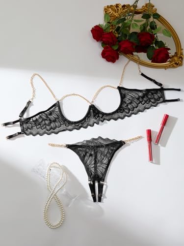 Image of Lilosy Sexy Underwire Floral Lace Sheer Lingerie Set for Women See Through Bra and Panty 2 Piece