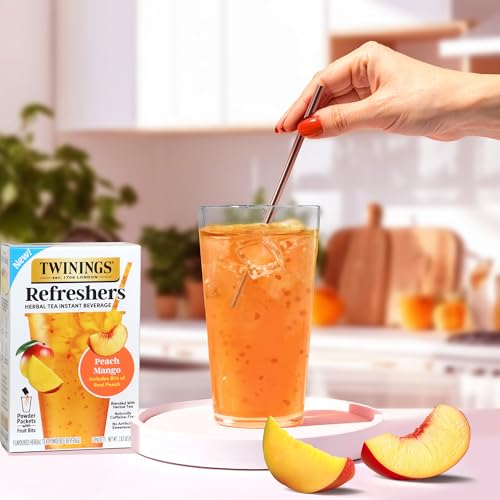 Image of Twinings Peach Mango Refreshers, Herbal Tea Instant Beverage with Real Peach Fruit Bits, 5 Count (Pack of 1), Cafe Style, No Artificial Sweeteners, Naturally Caffeine-Free Refreshment, 5 Packets