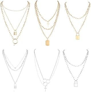 Dochais 6 Set Layered Necklaces Chain Rocker Coin Cross Lock Pendant Necklace Punk Statement Long Chain Necklace Boho Choker for Women Girl Christmas Gift Silver Rose Gold