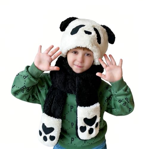 Image of Kids Winter Hat Gloves Scarf Set,Cute Panda Hat with Movable Ears Thick Warm Hood Cap for Girls Boys 4-10 Years Old