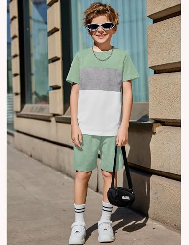 Image of Arshiner Boys' 2-Piece Cotton Outfit Color Block T-Shirt and Shorts Set Summer Camo Clothes for Kids 5-14 Years