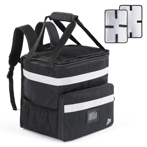 GNEGNI LIFE Food Delivery Backpack 37L Insulated Pizza Carrier Bag with Reflective Stripes Expandable Functionality Food Delivery Bag for Takeaway Cold and Hot Food, Pizza, Restaurant, Uber Eats Black