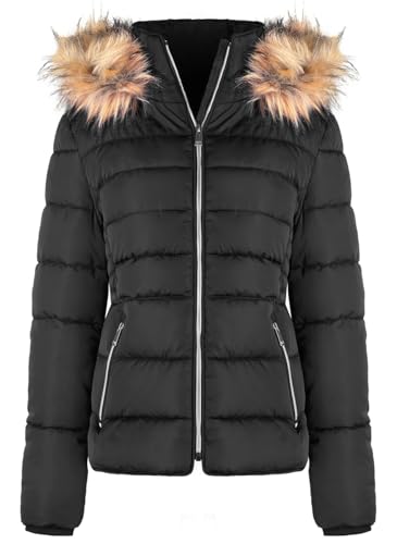 BodiLove Women's Puffer Jacket with Removable Faux Fur Hood and Zipper Black L3