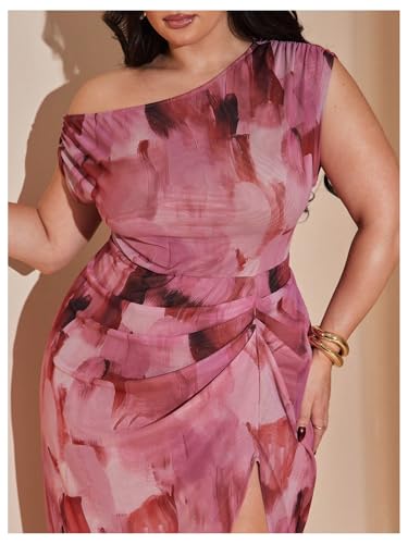 Image of Floerns Women's Plus Size Asymmetrical Neck Long Dress Ruched Slit Hem Cocktail Dress