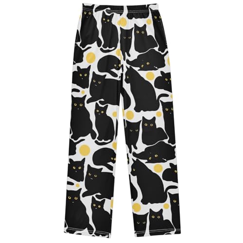 Boy's Lounge Pants Black Cat Yellow Eyes Ball Kids Jogger Pants Elastic Waist Long Bottoms with Pockets 6-14 Years