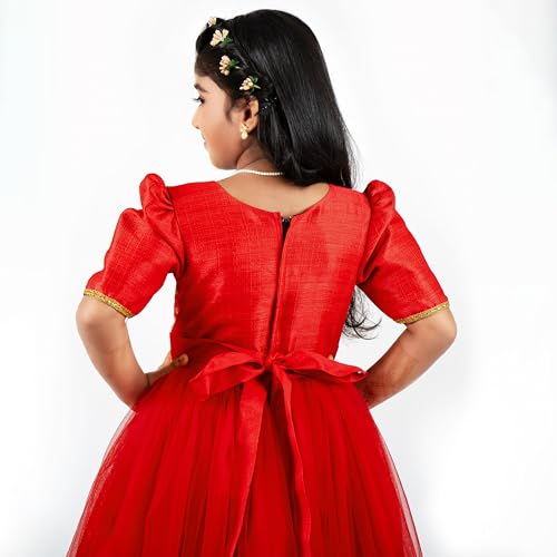 Image of Stanwells Kids Dress for Girls Embroiderd Full Length Frock for Baby Girls Flower Gown Ruffle Pattern Back Zipper Beautiful Sleeveless Birthday Dress for Girls Coral (1-9 Years)
