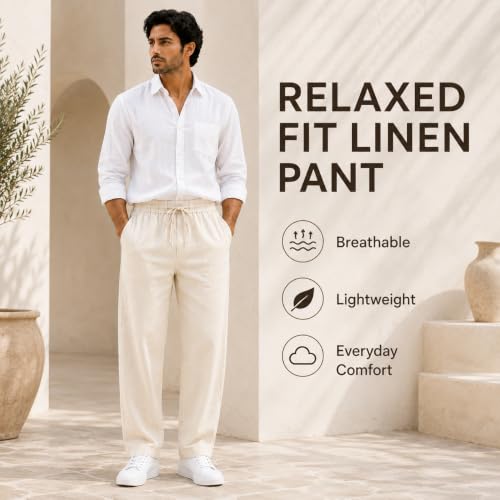 Image of Linen Pants for man || Relaxed Fit Casual Trousers for Men || Men's Lightweight Breathable Pants || Elastic Waist with Drawstring || All Season Pant for Regular, Travel & Office Wear