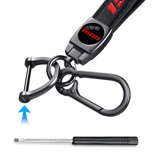 Image of 1500 Keychain for Dodge Charger Challenger Durango RAM 1500, Black Leather & Metal Car Key Fob Holder, Red 1500 Logo Car Keychain Accessories