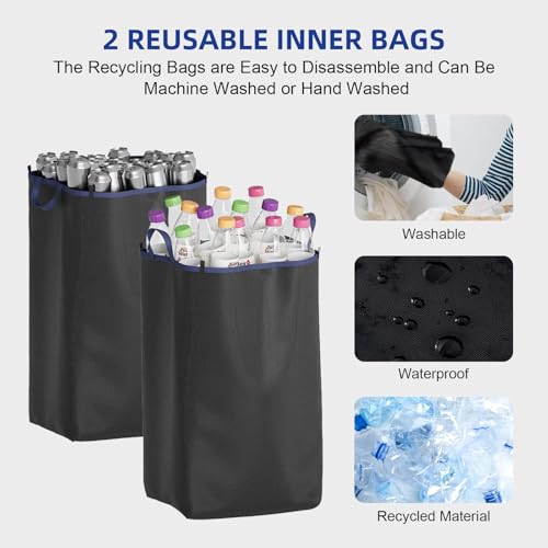 Eikovia 26 Gallon Recycling Bin for Kitchen, 100L Recycle Bin with Lid, Recycle Bins for Kitchen with 4 Wheels(Lockable),2 Reusable Inner Bags, for Bottle Can Glass Plastic Stickers, Dark Blue - Thumbnail 3