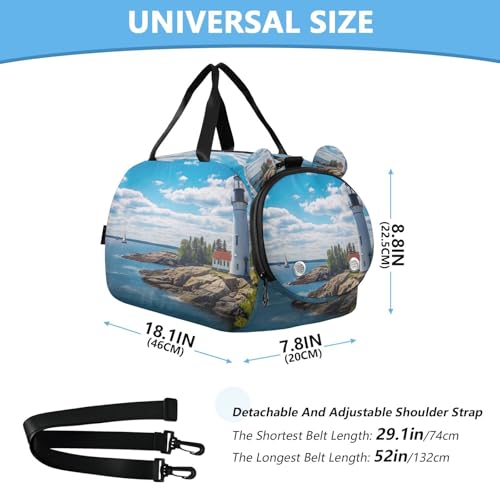 YETTASBIN Sport Travel Duffel Bag for Girls Boys, Lighthouse Large Waterproof Weekender Overnight Bag, Detachable Shoulder Strap Gym Bag with Shoe Compartment & Wet Pocket3