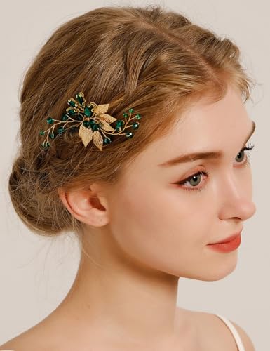 Peine para cabello con cristales vintage y hojas verdes miniatura 3