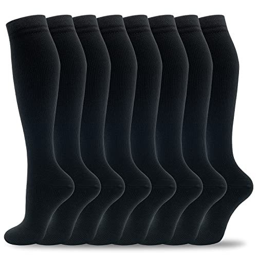 fenglaoda Knee-High Compression Socks (8-Pack) — 20-30 mmHg socks with non-slip ribbing, a thickened heel and toe, and arch support for long shifts.