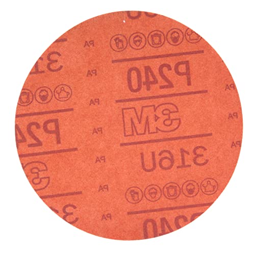 3M Hookit Red Abrasive Disc, 01220, 6 in, 240+ Grit No Hole, Pack of 50 for Auto, Primer, E-Coat Sanding