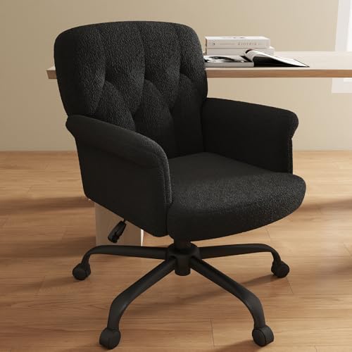 Keratee Comfy Home Office Desk Chair, Upholstered Fuzzy Vanity Chair with Wheels and Arms, Adjustable Height 360° Swivel Computer Seat for Living Room, Bedroom, Makeup, Teddy Fleece, Black by Keratee - Image 8