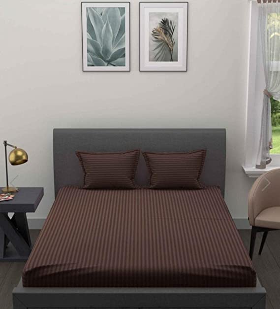 Image of DECOR2ADMIRE 300 TC Premium Glace Cotton All Round Elastic Fitted Plain Stripe Pastel Shades Queen Size Bedsheet with 2 Pillow Covers (Brown, Super King 108 inch x 108 inch)
