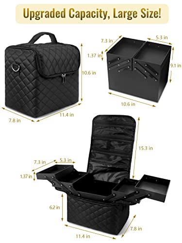 Makeup Travel Train Case, Large Black Makeup Nail Polish Organizer Bag, 4 Tier Professional Makeup Bag Storage Box Waterproof Cosmetic Train Case With Straps Pockets For Nail Tech Supply Makeup Tools #TOP6