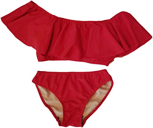 Cheryl Creations Kids Girl's Cute & Comfortable Two Piece Ruffle Front Bathing Suit Bikini | Swimsuit (Large 14, Red)