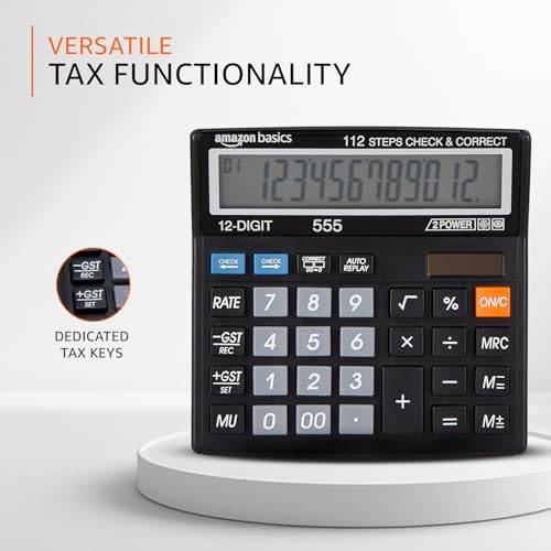 Image of Amazon Basics AB-555 12 Digits GST & Tax Calculator with 112 Steps Check and Correct, Basic Calculator, Black